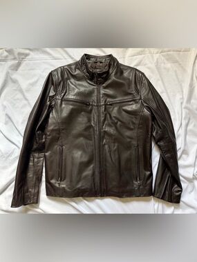 Men's Dark Brown Leather Bomber Jacket with Zip Front